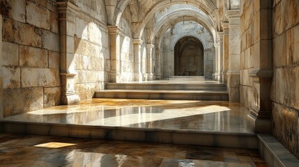 Obraz premium Elegant Stone Archway with Sunlit Marble Steps - Perfect Backdrop for Product Presentation or Architectural Showcase