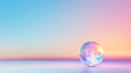 A vibrant energy sphere pulsing with electric power, placed in a colorful gradient background with sharp detail in the foreground and a deep blurred horizon.