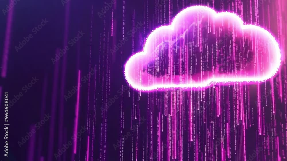 Poster a vibrant purple cloud emits streams of binary data, symbolizing digital communication and technolog