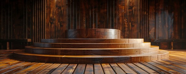 Design a podium mockup with a rich, warm wood tone.