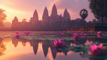 Obraz premium The reflection of Angkor Wat in a lotus-filled pond at dawn, with soft light illuminating the temple.