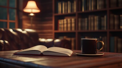 Naklejka premium Cozy Study Room with Open Book and Coffee Mug on Wooden Table in Warm Ambient Lighting