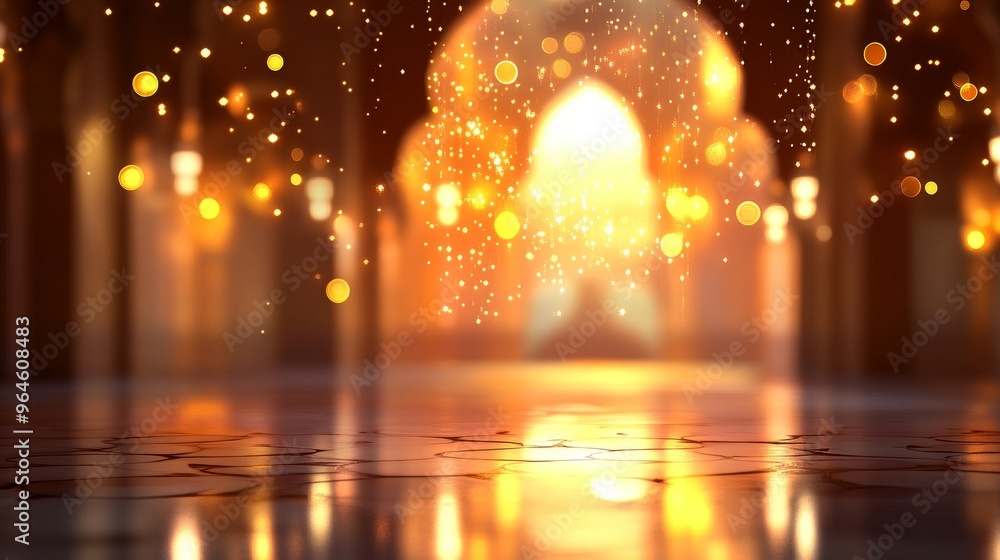 Poster a warm, glowing interior with arches and soft light, creating a magical atmosphere filled with float