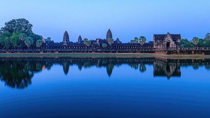 Naklejka premium The reflection of Angkor Wat in the still waters of the moat, with the temple illuminated by the soft light of dawn.