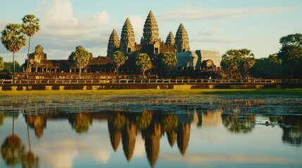 Obraz premium The reflection of Angkor Wat towers in the moat, with the temple bathed in the warm light of late afternoon.