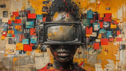 Fototapeta premium Vibrant Abstract Collage Art with Vintage Television and Colorful Geometric Elements