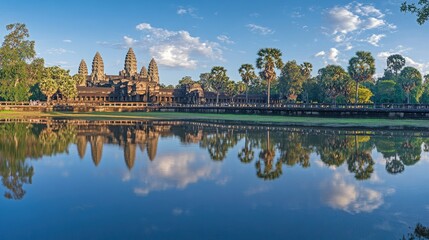 Naklejka premium The reflection of Angkor Wat towers in the moat, with the temple bathed in the warm light of late afternoon.