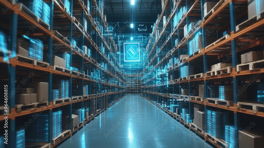 Poster warehouse shelves and digital inventory system interface with ample copy space, highlighting electro