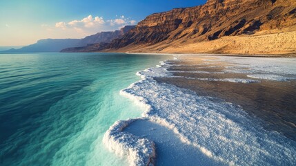 Naklejka premium The rich mineral deposits along the Dead Sea's shoreline, with their striking white color against the blue water.