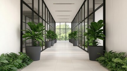 Obraz premium Eco-friendly office with glass walls, green walls, and integrated trees, surrounded by lush greenery, Sustainable, 3D Render, Photorealistic