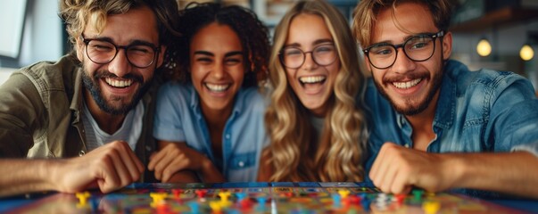 A group of friends playing a board game, laughing together with animated expressions and competitive spirit against a plain white background. 4K hyperrealistic photo.