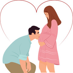 Husband kissing his pregnant wife belly, Smiling future father hug wife. Pregnancy and parenting