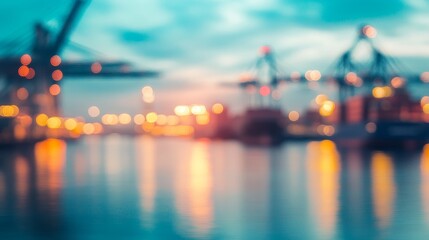 A blurred image of a harbor at dusk, featuring cranes and illuminated reflections on the water.