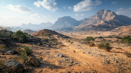 The rugged beauty of Socotra Island's interior, with its rocky hills and sparse vegetation.