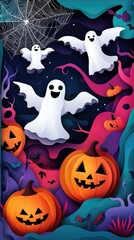 Paper cut style illustration of playful ghosts and pumpkins dancing under the moonlight