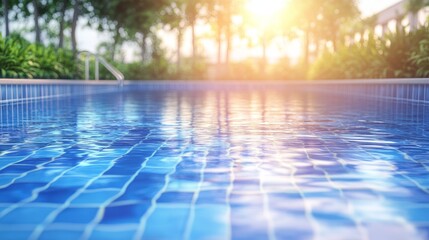 Obraz premium A serene swimming pool reflecting sunlight, surrounded by lush greenery, perfect for relaxation and leisure activities.