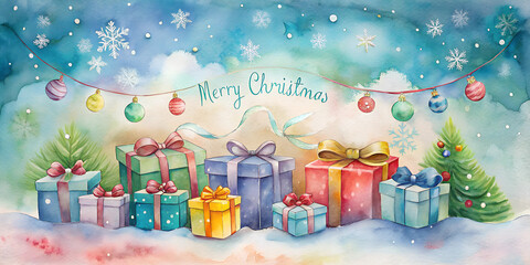 Fototapeta premium Childish watercolor christmas gift boxes, greeting banner decoration. Merry xmas and happy new year aqarelle poster, naive cartoon style