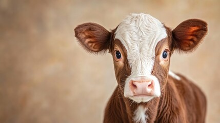 A close up of a brown and white cow with big eyes, AI