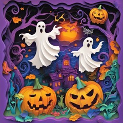 Paper cut style illustration of playful ghosts and pumpkins dancing under the moonlight