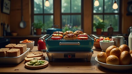 New modern grill maker accompanied by sandwiches and various ingredients, all arranged on a wooden table
 - Powered by Adobe