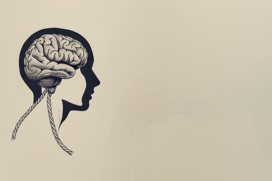 cerveau humain et d'une silhouette avec des cordes en guise de nerfs - Concept de l'expression "se faire un noeud au cerveau" - angoisser, maladie mentale, autisme, disfonctionnement 