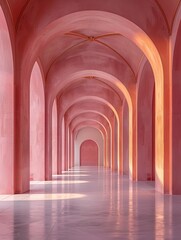 Obraz premium Minimalist peach and pink arches on a white reflective floor in a modern elegant space