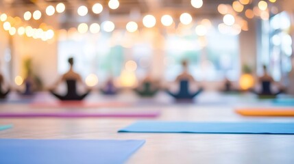 A serene yoga studio with participants meditating on colorful mats, illuminated by soft lights.