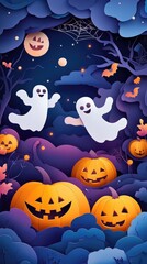 Paper cut style illustration of playful ghosts and pumpkins dancing under the moonlight