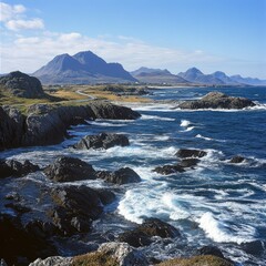 Fototapeta premium The rugged coastal landscape surrounding the Atlantic Ocean Road, with rocky islands and waves crashing against the shore.