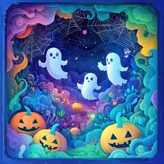 Paper cut style illustration of playful ghosts and pumpkins dancing under the moonlight