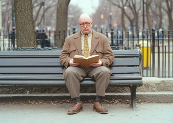 Obraz premium Elderly Man Reading on Park Bench in Autumn Afternoon – Peaceful Urban Scene