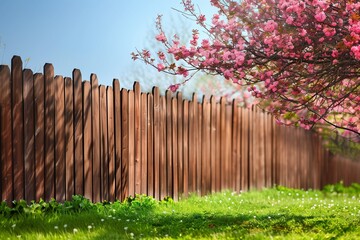 Fototapeta premium Wooden fence in the backyard and trees blooming in spring