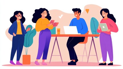 Naklejka premium Three people are standing around a table with laptops, AI