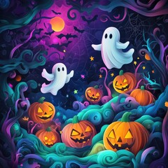 Obraz premium Paper cut style illustration of playful ghosts and pumpkins dancing under the moonlight