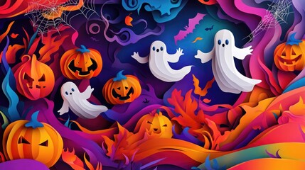 Obraz premium Paper cut style illustration of playful ghosts and pumpkins dancing under the moonlight