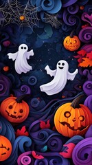 Paper cut style illustration of playful ghosts and pumpkins dancing under the moonlight