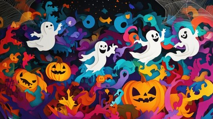 Naklejka premium Paper cut style illustration of playful ghosts and pumpkins dancing under the moonlight