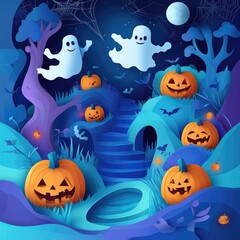 Paper cut style illustration of playful ghosts and pumpkins dancing under the moonlight
