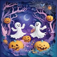 Paper cut style illustration of playful ghosts and pumpkins dancing under the moonlight