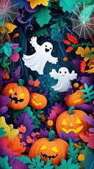 Paper cut style illustration of playful ghosts and pumpkins dancing under the moonlight