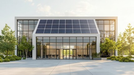 Obraz premium Modern green office with glass facade, solar panels, and trees around the building, Sustainable design, 3D Render, Photorealistic