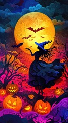 Paper cut style illustration of a witch flying over pumpkins under a full moon