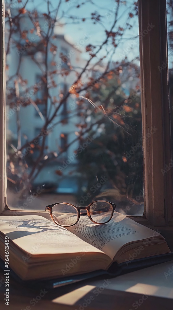 Poster open book with eyeglasses on top near a window with a blurry view of a tree outside.