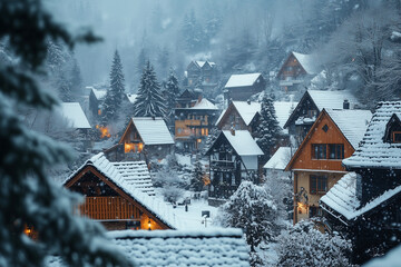 First snow on rooftops in a small town