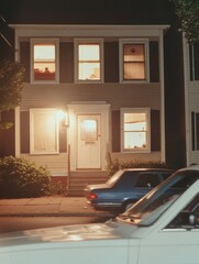Fototapeta premium Nighttime View of Illuminated Victorian House with Mysterious Ambiance