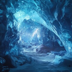 Fototapeta premium The serene and silent interior of the Crystal Ice Cave, with the walls of ice glowing in various shades of blue