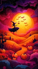 Paper cut style illustration of a witch flying over pumpkins under a full moon