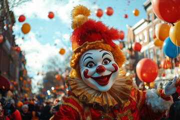 Floats and balloons in a traditional Thanksgiving parade