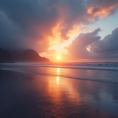 Obraz premium A breathtaking sunset illuminates the sky with vibrant orange and pink hues, reflecting on the calm ocean waters. The dramatic clouds and distant mountain silhouette create a serene yet powerful atmos