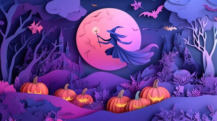 Paper cut style illustration of a witch flying over pumpkins under a full moon